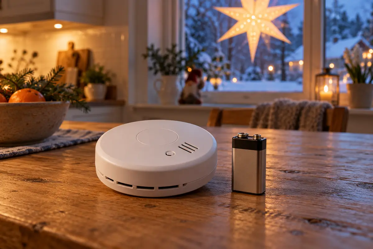 En brandvarnare och ett nytt batteri på ett köksbord, med en adventsstjärna i fönstret och snö ute.