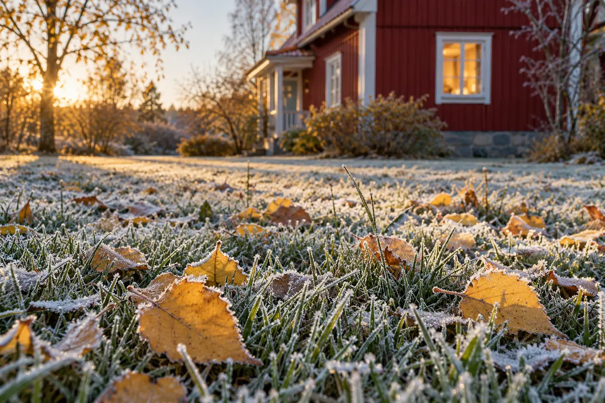 Frost på gräset och gula höstlöv en morgon, med ett rött hus i bakgrunden.